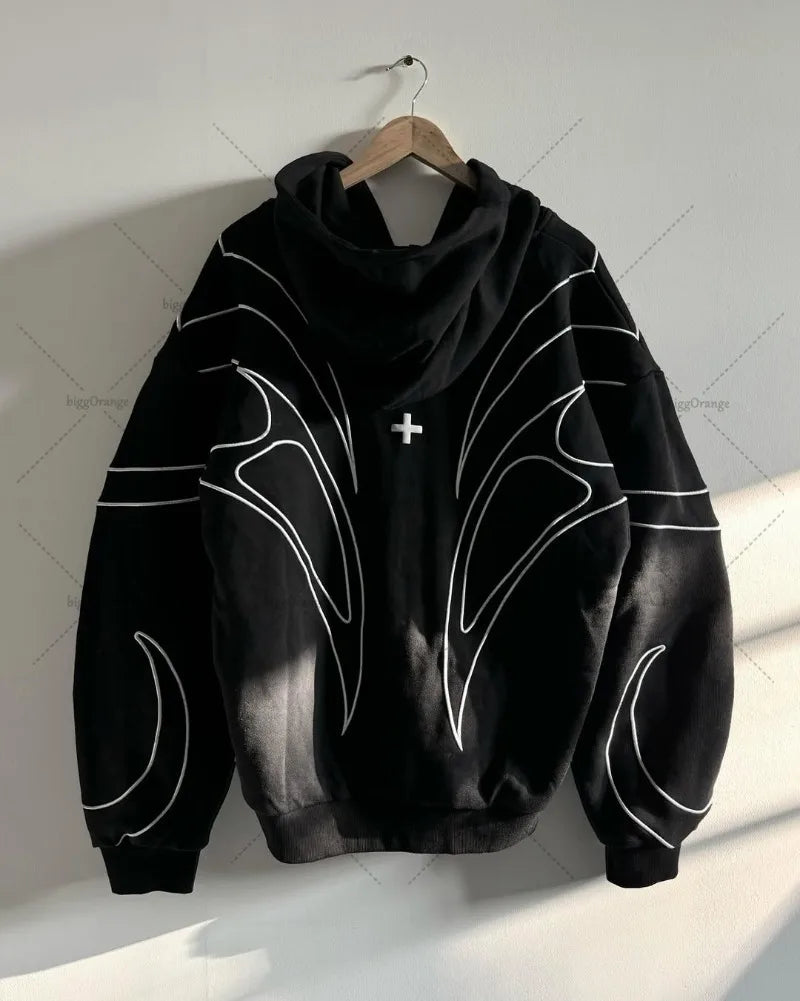 Striped embroidery oversized double zipper black hoodie