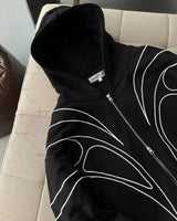 Striped embroidery oversized double zipper black hoodie