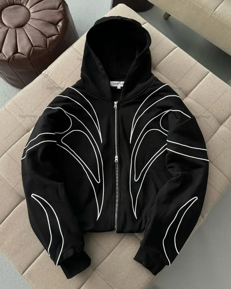 Striped embroidery oversized double zipper black hoodie