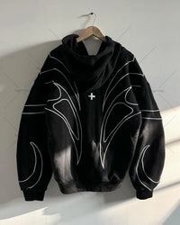 Striped embroidery oversized double zipper black hoodie