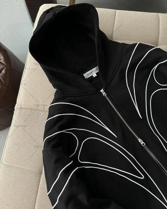 Striped embroidery oversized double zipper black hoodie
